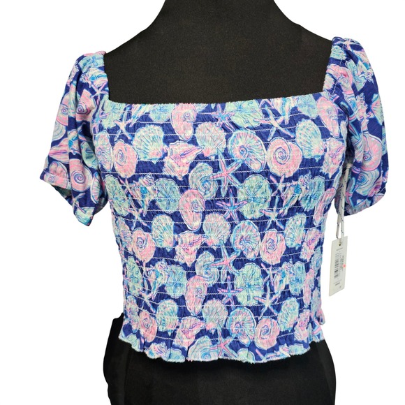 Simply Southern Tops - Simply Southern Smocked Square Neck Crop Top Shellfish Print Blue Pink Size M